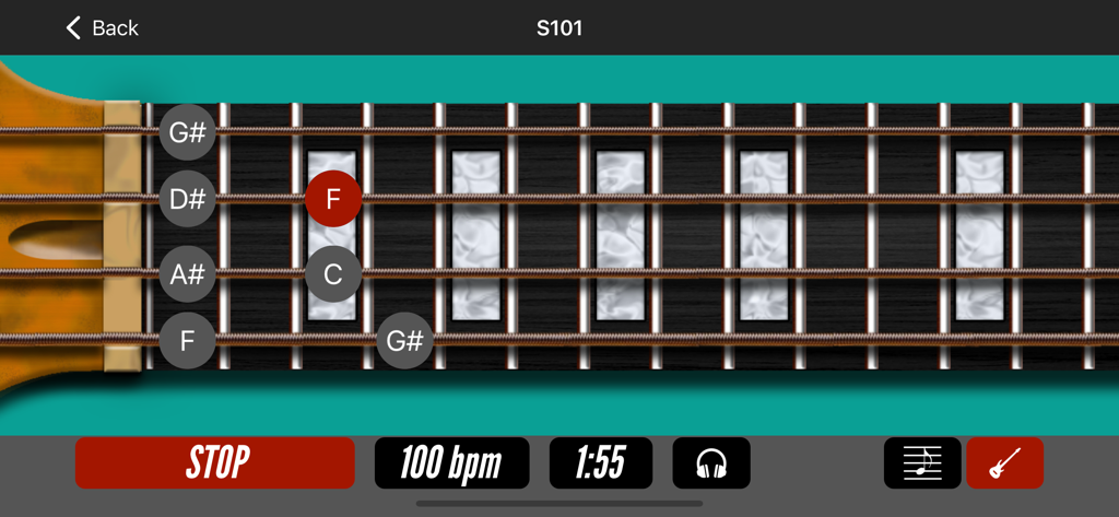 Bass Gym with MarloweDK - An animated bass guitar fretboard in the Bass Gym app showing note markers for a practice exercise with a 100 bpm metronome setting.