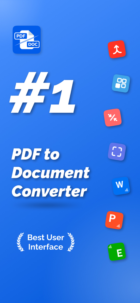 PDF to Document Convert - Promotional graphic for PDF to Document Converter app showing a number one ranking and icons for Word Excel and PowerPoint conversion