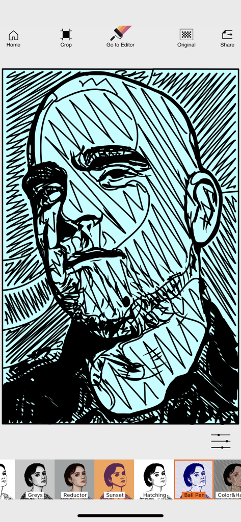 A portrait photo converted into a black ball pen sketch vector illustration using the Imaengine app