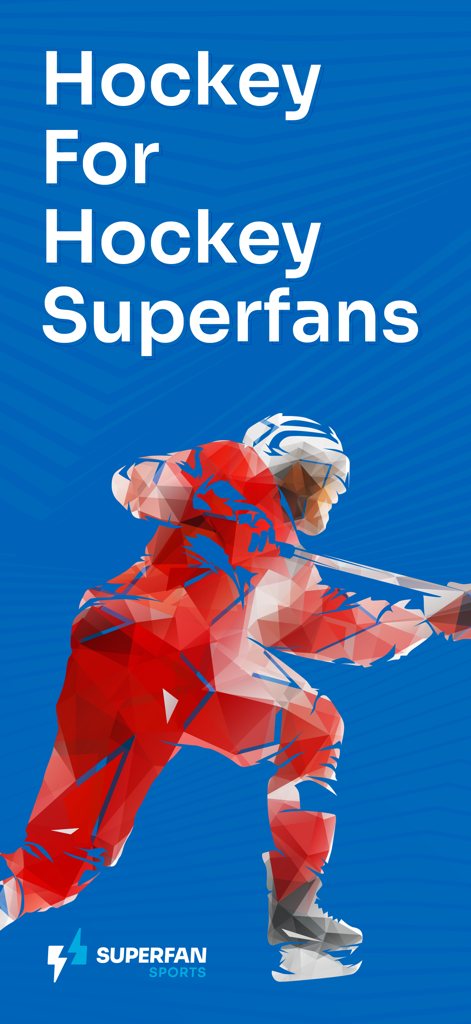 Superfan Sports: NHL Hockey - Intro-Bildschirm der Superfan Sports NHL-App mit einem geometrischen Hockey-Spieler und dem Text Hockey For Hockey Superfans.