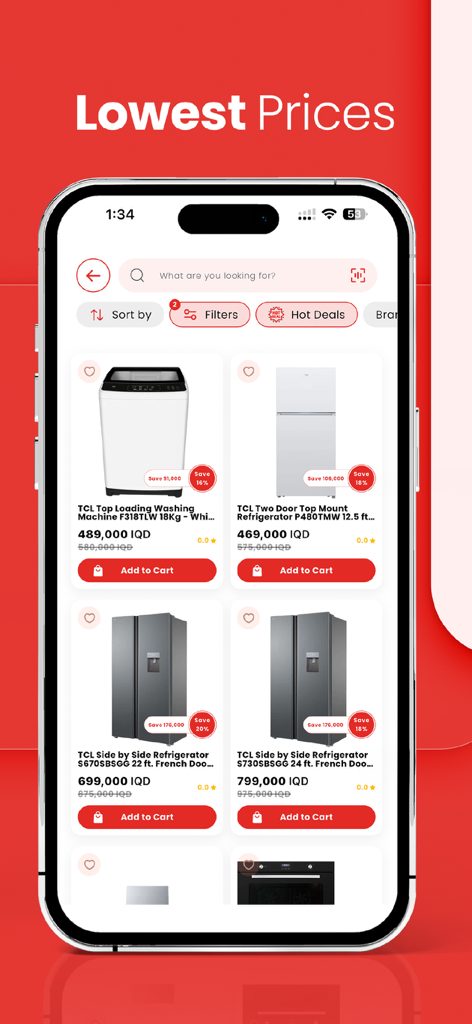 Electro Mall - Electro Mall app interface showing home appliances like refrigerators and washing machines with price discounts
