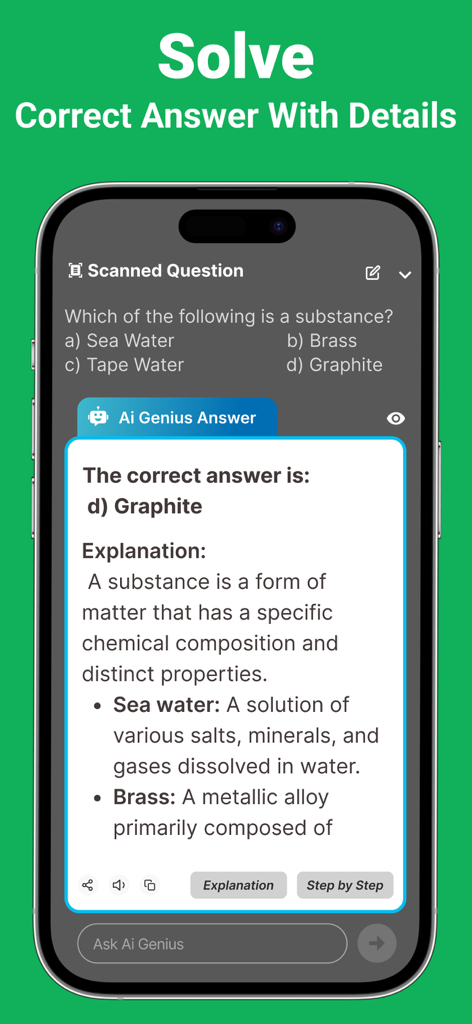 PhotoSolve: Answer Pic Solver - PhotoSolve app screen showing a scanned science question with a detailed AI generated answer and explanation.