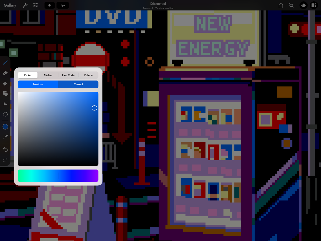 Una herramienta de selección de color abierta sobre un paisaje urbano de pixel art estilo retro por la noche dentro de la aplicación Pixaki 4 Intro.