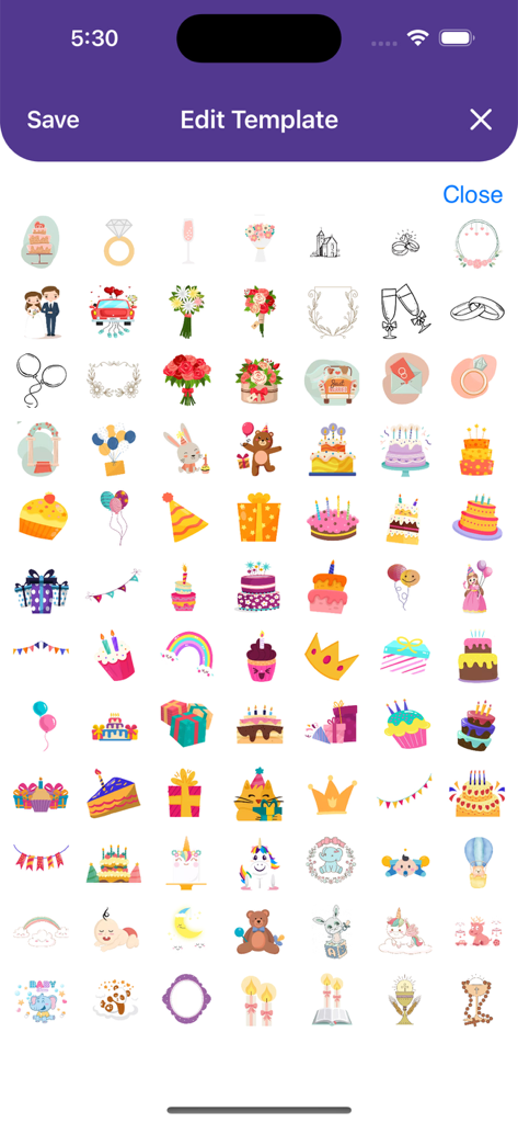 A collection of colorful digital stickers for personalizing event invitations including cakes flowers and party decorations