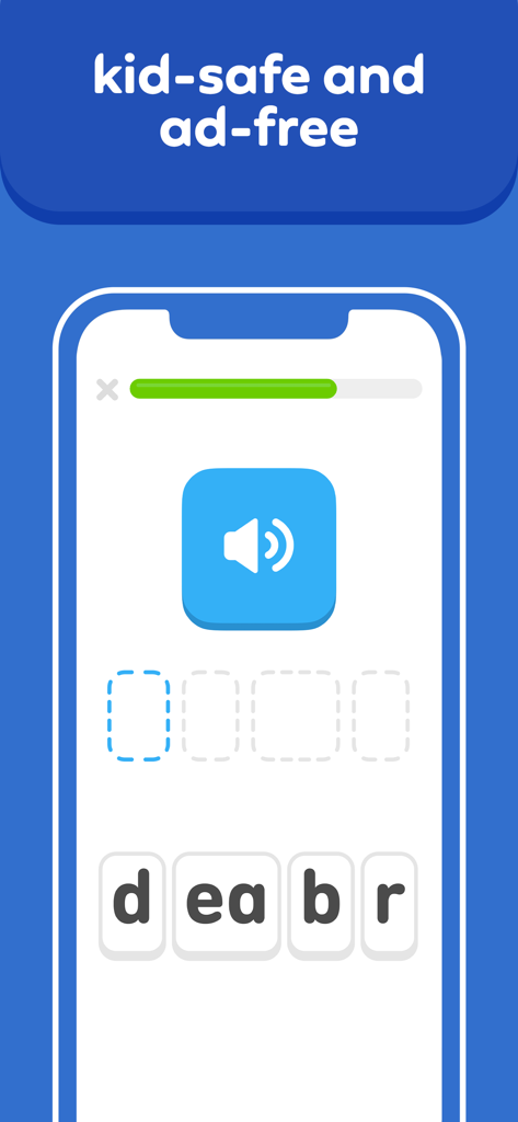 Duolingo ABC interface showing a phonics word game for kids with a kid-safe and ad-free banner