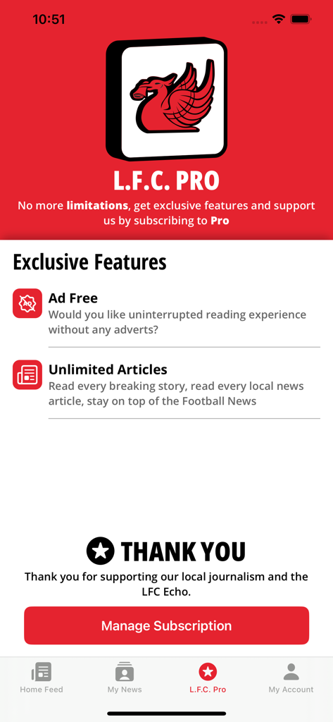 Pantalla de la aplicación LFC Echo mostrando las funciones de suscripción L.F.C. PRO, incluyendo lectura sin anuncios y artículos ilimitados