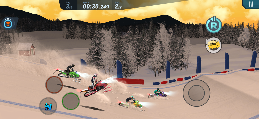 Mad Skills Snocross - Quatro pilotos de motoneve saltando sobre uma colina de neve durante uma corrida ao pôr do sol em Mad Skills Snocross