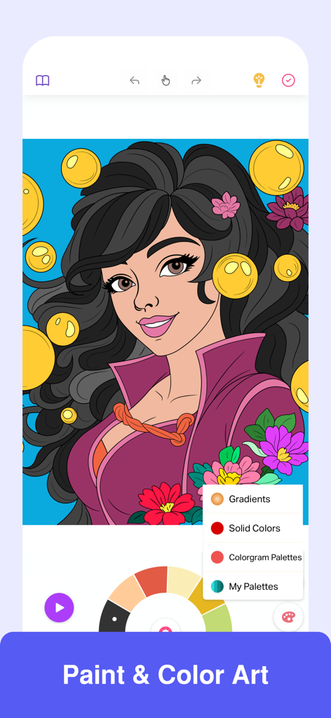 Digital painting screen of the Colorgram app showing a detailed illustration of a woman being colored with various palette options