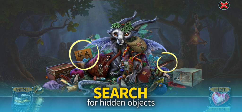 Una scena di enigmi di oggetti nascosti con una creatura alata magica e oggetti evidenziati in una foresta incantata.