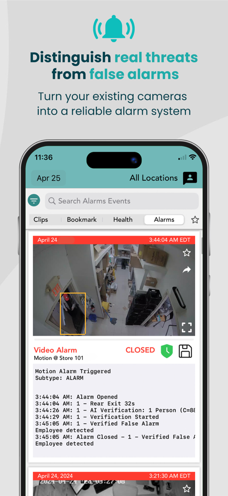 Solink - Solink mobile app interface displaying AI-powered video alarm monitoring and threat verification
