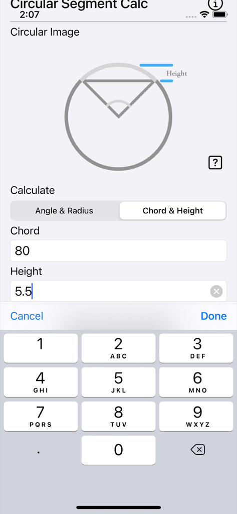 Kreissegment-Rechner App-Oberfläche mit Eingaben für Sehne und Höhe