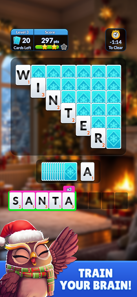 Wordscapes Solitaire Word Game - 冬をテーマにしたWordscapes Solitaireのゲームプレイ。文字カードには「winter」と書かれており、かわいいフクロウのマスコットがいます。