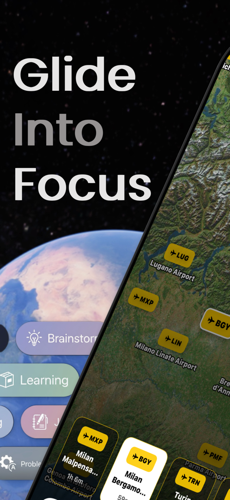 Fly Focus - Fly Focus 앱 인터페이스가 공항 표시가 있는 위성 지도를 보여주고 지구 이미지 위에 '집중 속으로 미끄러지듯 들어가기'라는 문구가 있습니다.