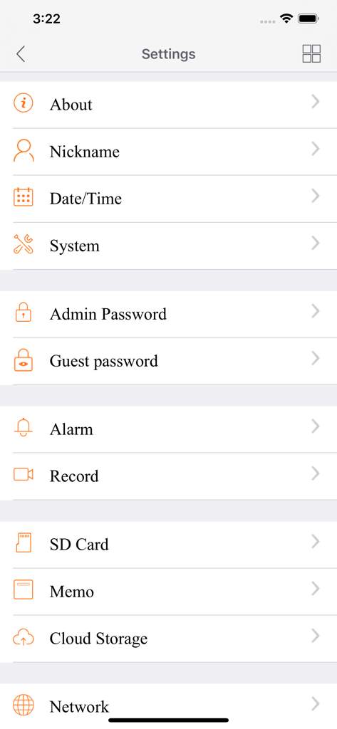 Ebitcam - Ebitcam mobile app settings interface with options for alarm record sd card and cloud storage