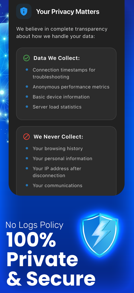 Power VPN - Fast WiFi & Proxy - Power VPN App-Bildschirm mit Details zur No-Logs-Richtlinie und zum Engagement für die Privatsphäre der Benutzer.