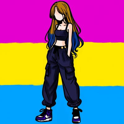 girl in baggy pants crop top and long hair