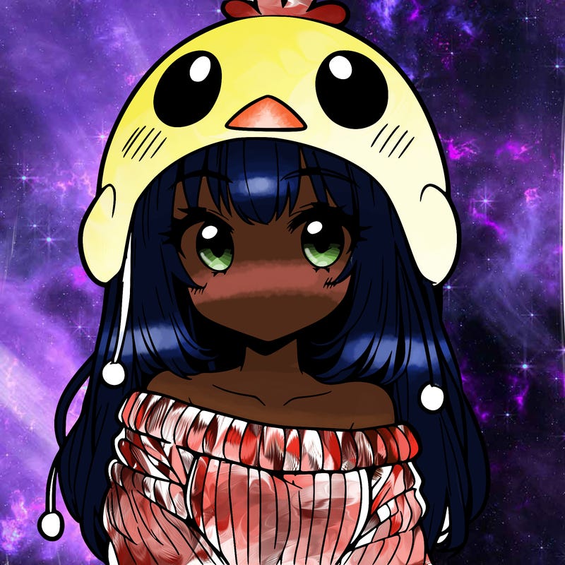anime girl with chick shaped hat with sweater with bare shoulders with bangs covering them one eye with low tail