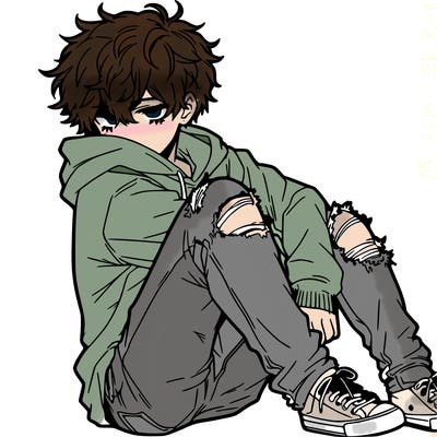 a male hoddie ripped jeans messy hair anime