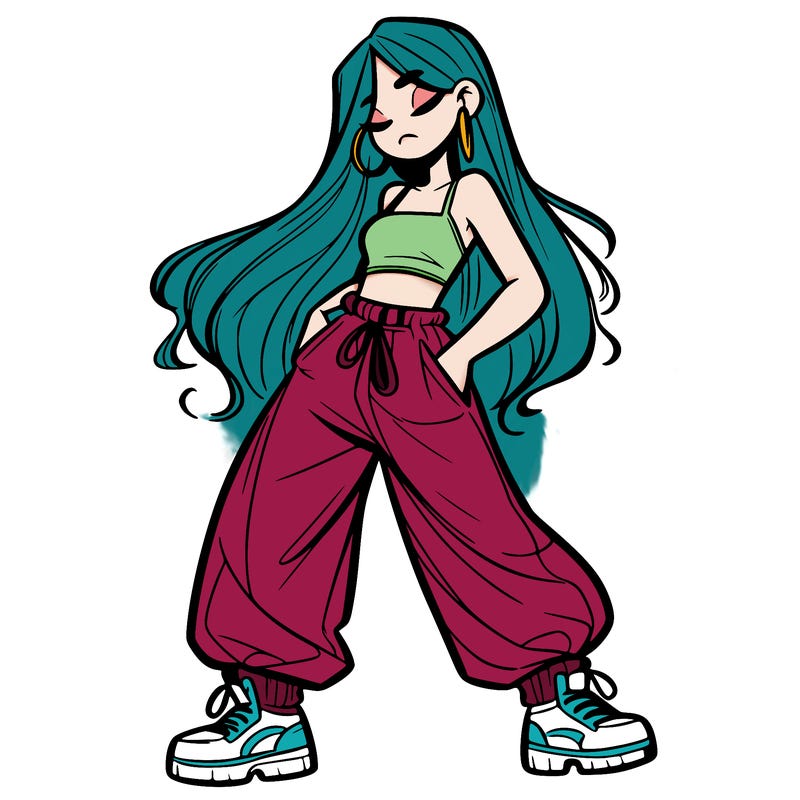 girl in baggy pants crop top and long hair