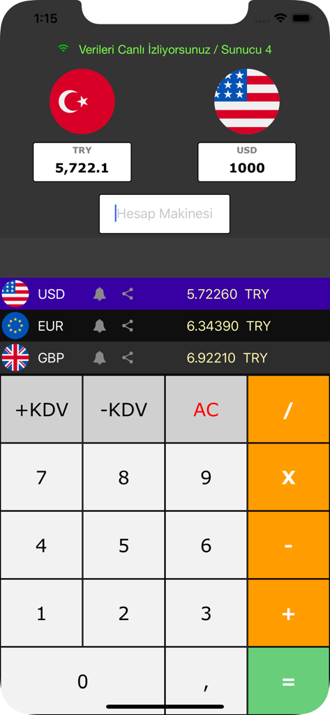 Döviz Çevirici - Ecrã de aplicação móvel para conversor de moeda turca mostrando taxas de câmbio e uma calculadora de impostos