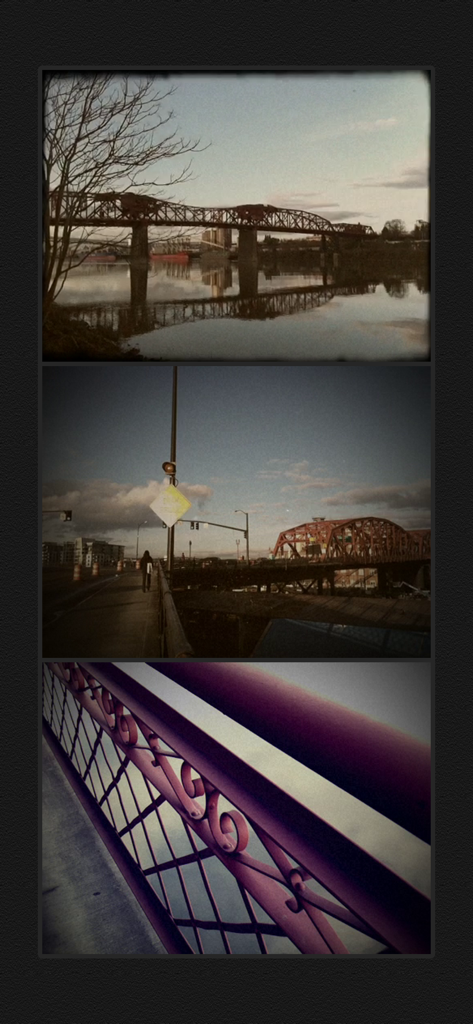 8mm Vintage Camera - Three vertical photos of a bridge showcasing vintage film effects and 8mm camera filters.