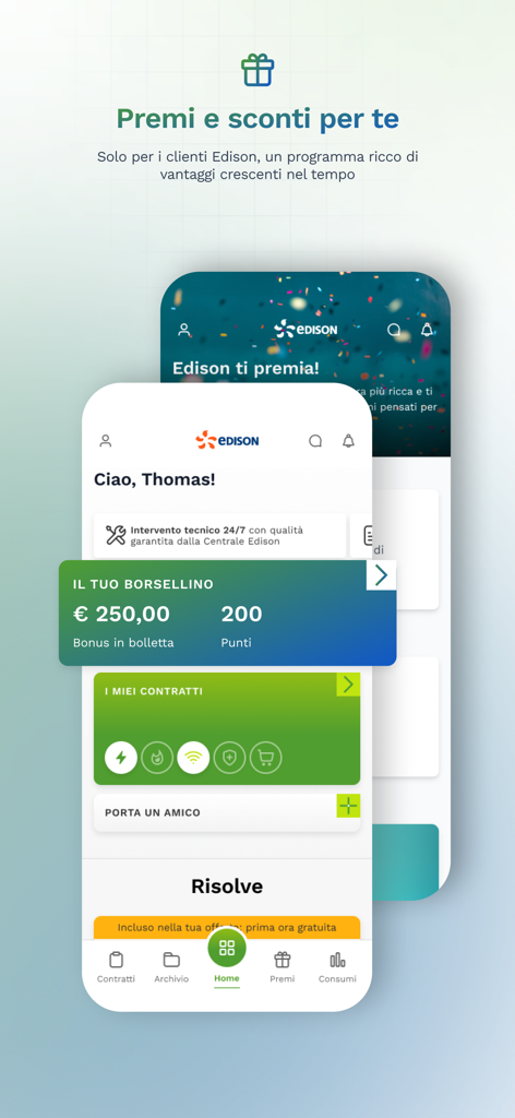 Dashboard dell'app My Edison che evidenzia il programma fedeltà con bonus in bolletta e punti premio.