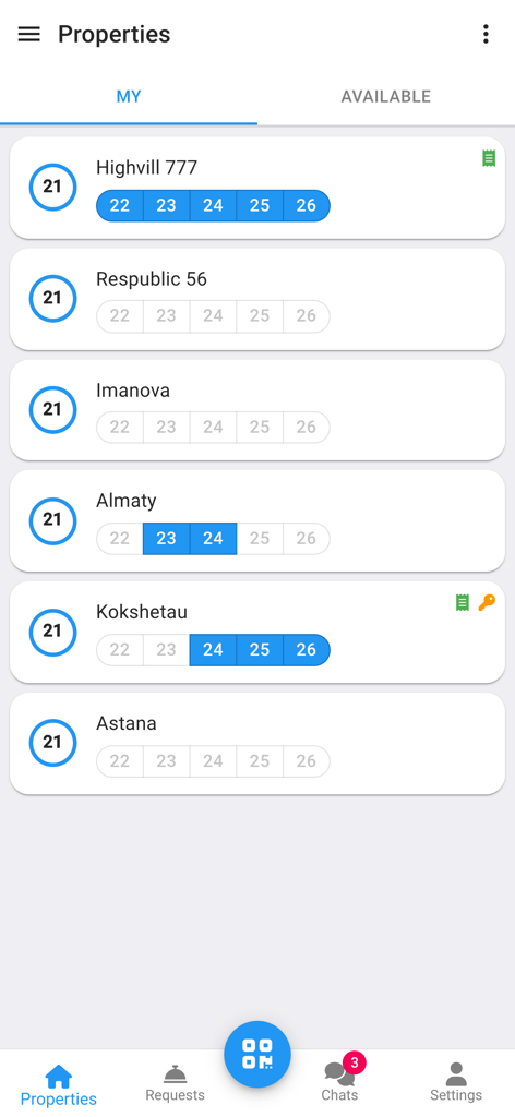 ApartX - ApartX-Mobil-App, die eine Liste von Mietobjekten und deren Buchungsstatus in einer Kalenderansicht anzeigt.