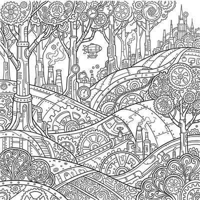 Step into a world where nature meets machinery with this unique Steampunk Forest Hills coloring page. Intricate designs featuring gears, pipes, and fantastical Victorian elements transform a classic landscape into an engaging artistic challenge.