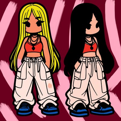 girl in baggy pants crop top and long hair