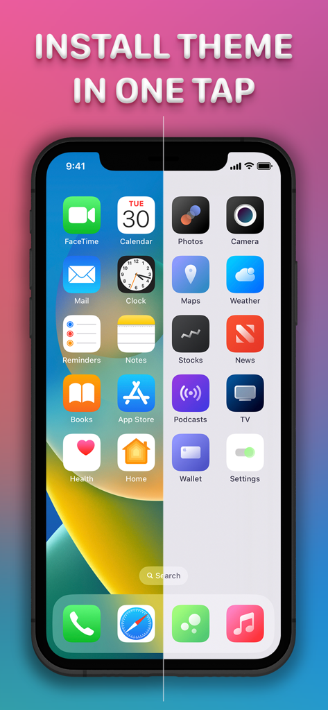 moloko app icon changer - Split screen comparison of standard iPhone home screen icons versus a custom minimalist theme