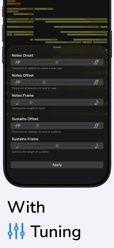 A screenshot of the Piano Transcriptionist app showing sliders to tune note onset offset and sustain frames
