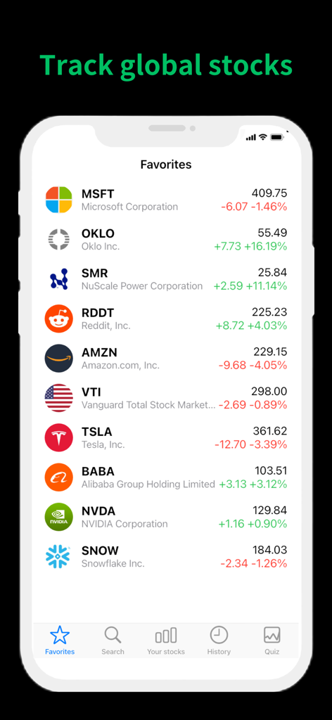 TradePlay - Demo Trading - Écran de surveillance des favoris de l'application TradePlay montrant une liste d'actions mondiales avec les prix et les données de performance quotidiennes.