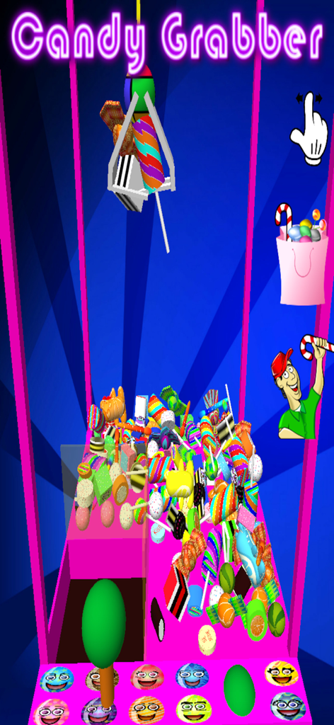Candy Grabber - A 3D virtual candy claw machine filled with colorful sweets and a crane grabbing a prize.