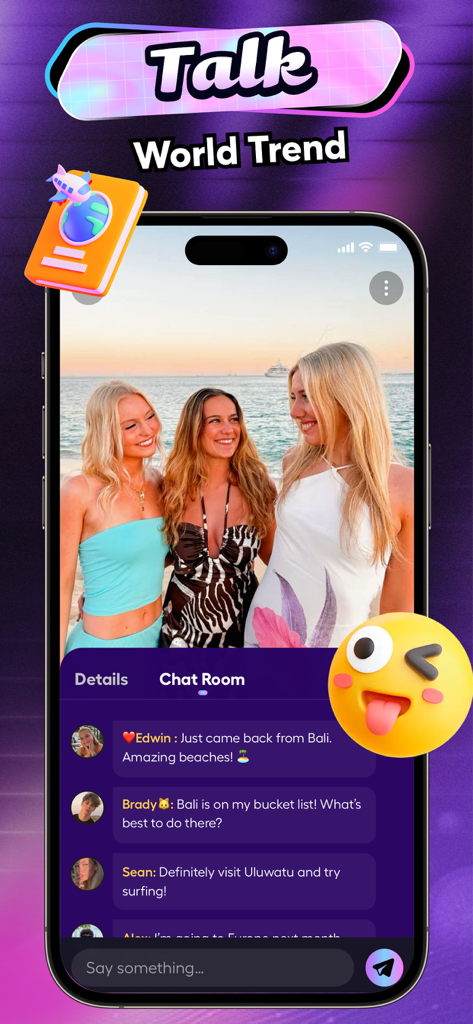 Captura de pantalla de la aplicación Terol que presenta una transmisión de video en vivo de amigos en una playa con una sala de chat sincronizada discutiendo viajes a Bali.