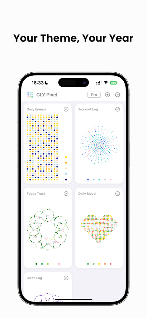 My Year in Pixels - CLY Pixel - Dashboard of the CLY Pixel app showing colorful yearly trackers for mood and energy in heart and circular shapes