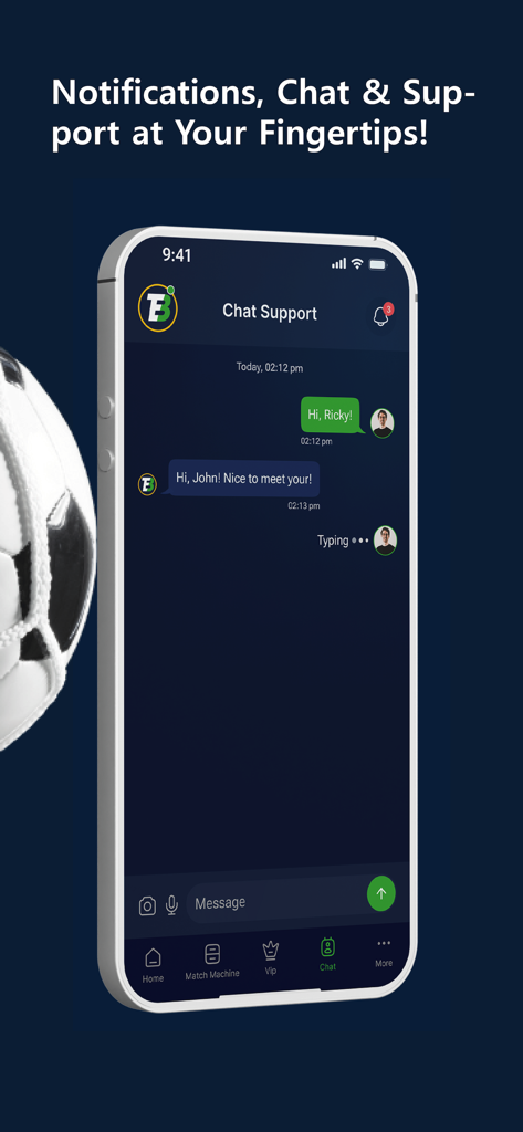 Enki's Football Stats - Pantalla móvil de la aplicación Estadísticas de Fútbol de Enki mostrando la función de soporte por chat