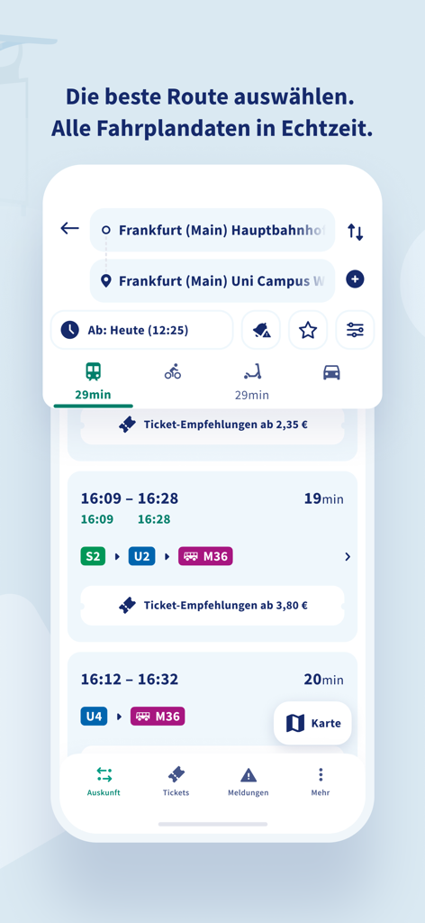 RMVgo - Pantalla de la app RMVgo mostrando rutas de tránsito en tiempo real y precios de billetes para viajar en Frankfurt.