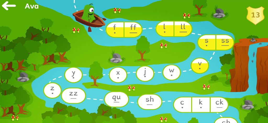 Read with Phonics Games - Game map screen showing a learning path of phonics sounds on a river with Albee the alien