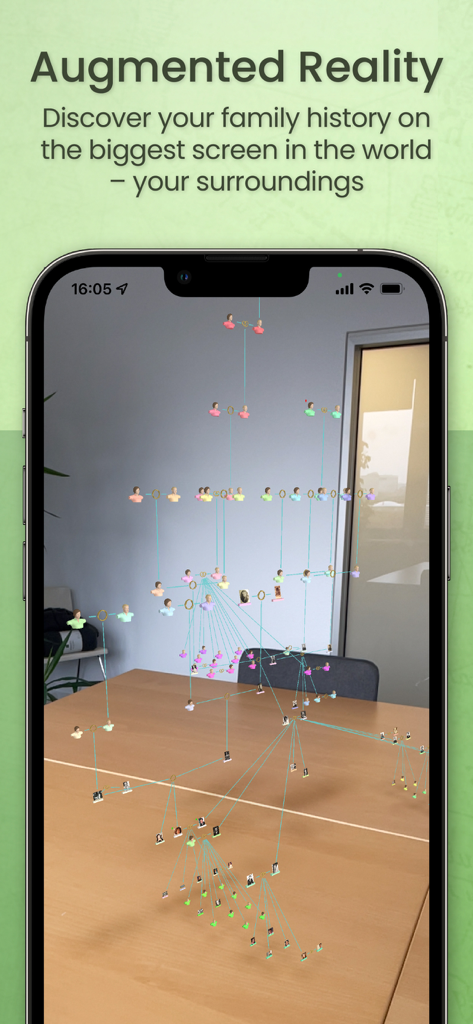 MobileFamilyTree 10 - Tela de smartphone mostrando uma árvore genealógica de realidade aumentada projetada em uma mesa em uma sala