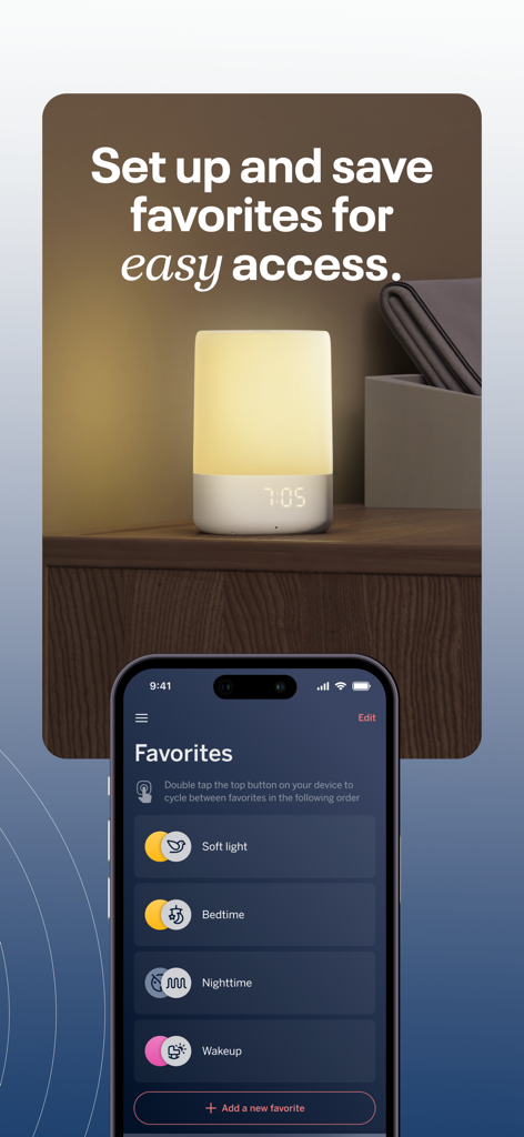 Pantalla de teléfono inteligente que muestra la lista de favoritos de la aplicación Nanit Sonido y Luz junto a una luz nocturna de guardería