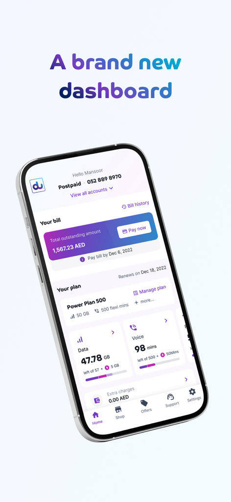 du - Tela de smartphone mostrando o painel do aplicativo du com pagamento de contas e rastreamento de uso de dados