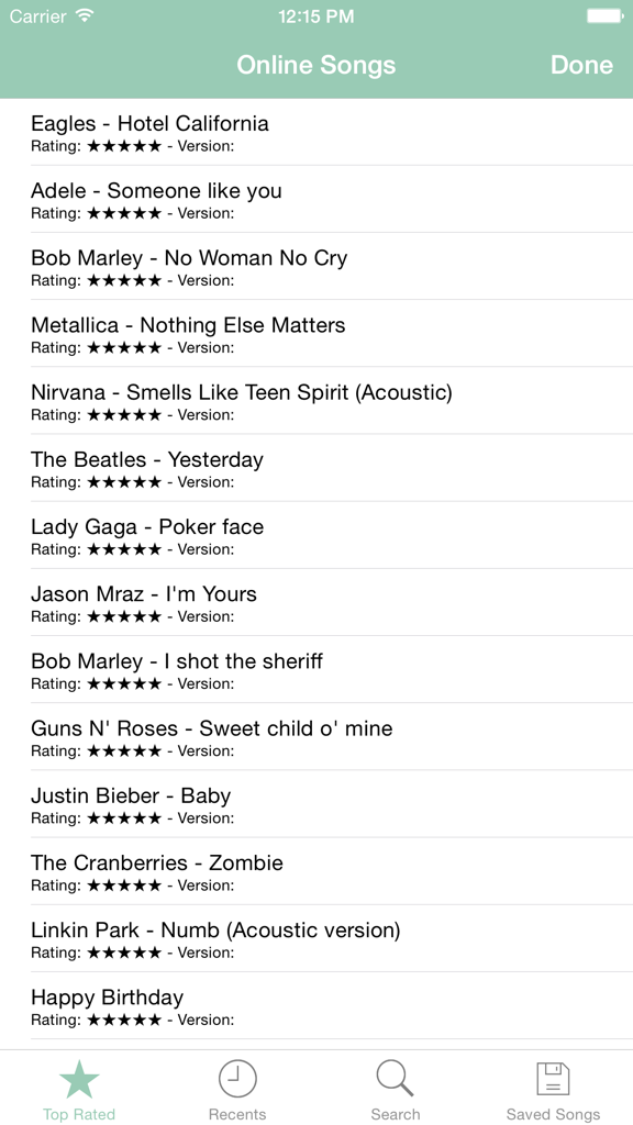 Une liste de chansons populaires en ligne disponibles pour jouer dans l'application Virtual Guitar, incluant des titres d'Adele et de Bob Marley.