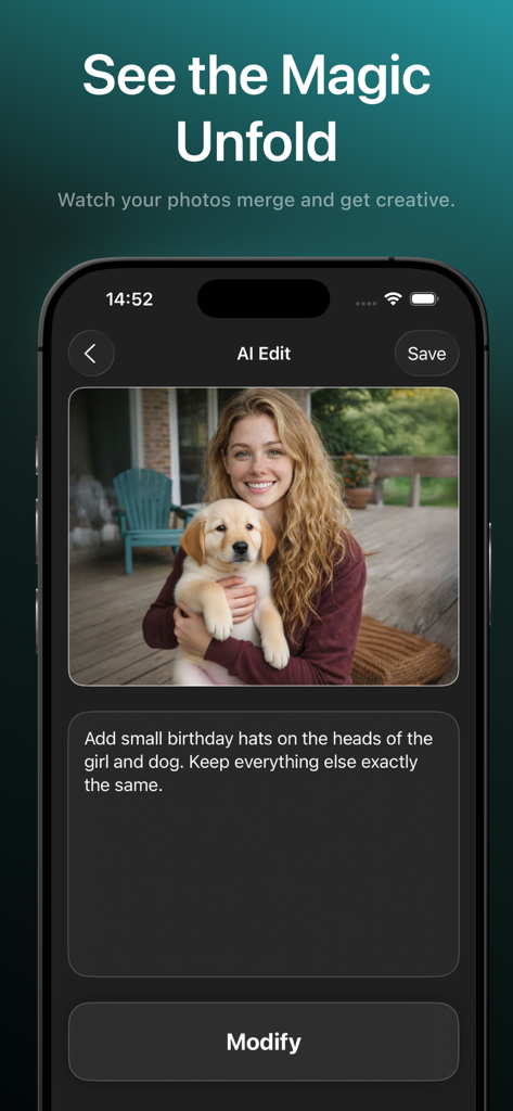 Image Generator - Photix - AI image editing interface with a custom text prompt to modify a photo of a woman and her dog