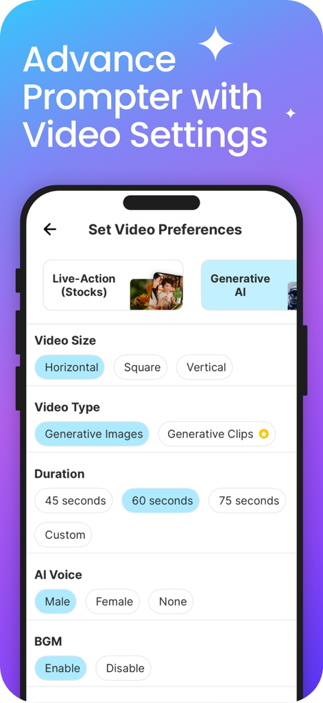 Steve AI: AI Video Generator - Steve AI app interface for setting video preferences including size duration and AI voice options