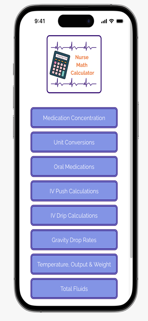 Nurse Math Calculator - La pantalla de inicio de la aplicación Calculadora de Matemáticas para Enfermería presenta un menú de herramientas de cálculo de enfermería, incluidas tasas de goteo IV y concentraciones de medicamentos