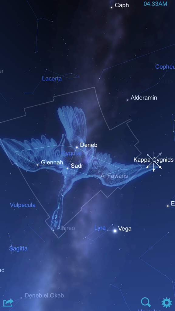 Cygnus constellation illustrated as a swan in the Star Chart astronomy app