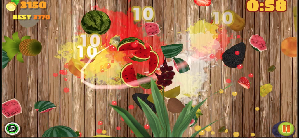 Juego de cortar frutas en Easy Slice mostrando sandías y salpicaduras de jugo