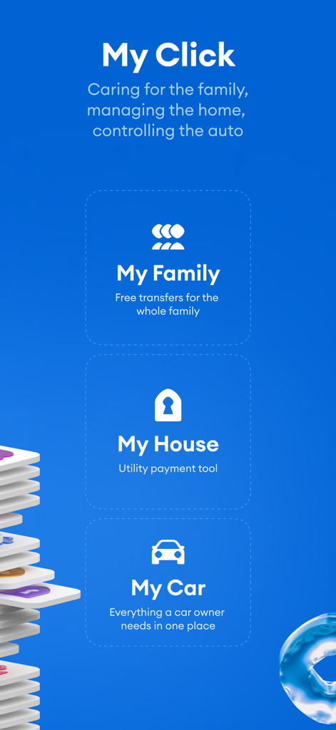 Click SuperApp dashboard showing family transfers, utility payments, and car owner services