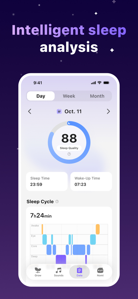 Otter Sleep-Sleep Tracker - A mobile dashboard showing intelligent sleep analysis including sleep stages and a quality score of 88.