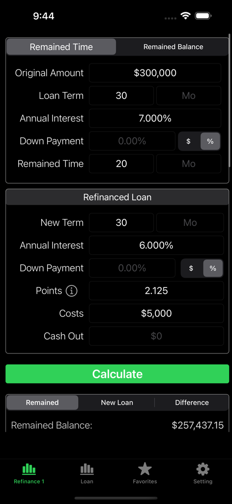 Refinance-Home Loan Calculator - Interfaz de una aplicación de calculadora de refinanciamiento hipotecario que muestra comparaciones de tasas de interés